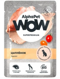 Корм AlphaPet WOW для щенков, беременных и кормящих собак, паштет с цыпленком 85 г