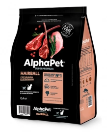 Корм AlphaPet Superpremium для выведения шерсти у кошек с ягненком и кроликом 400 г