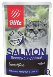 Корм Blitz Sensetive для кошек лосось, индейка в соусе 85 г
