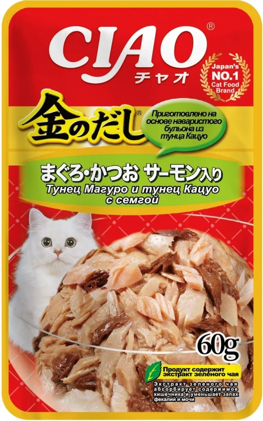 Корм Inaba Kinnodashi для кошек тунец магуро и тунец кацуо с семгой 60 г фото 3