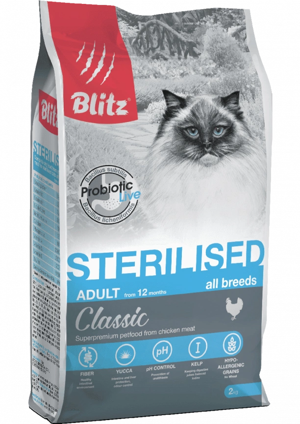 Корм Blitz Classic Sterilised для стерилизованных кошек с курицей 2 кг фото 1