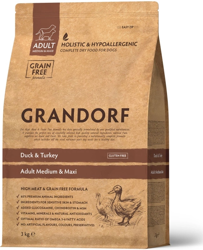 Корм Grandorf Holistic & Hypoallergenic для собак средних и крупных пород, утка с индейкой, 3 кг фото 1