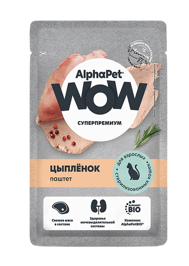 Корм AlphaPet Wow Superpremium, пауч для кошек, паштет цыпленок 85 г фото 1