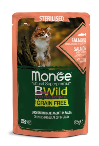 Корм Monge Cat BWild для стерилизованных кошек из лосося с креветками и овощами 85г  фото 1