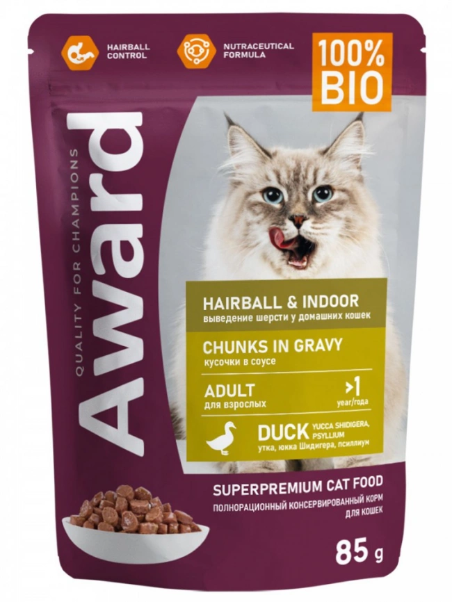 Корм Award Hairball & Indoor для кошек для выведения шерсти в соусе с уткой 85 г фото 1