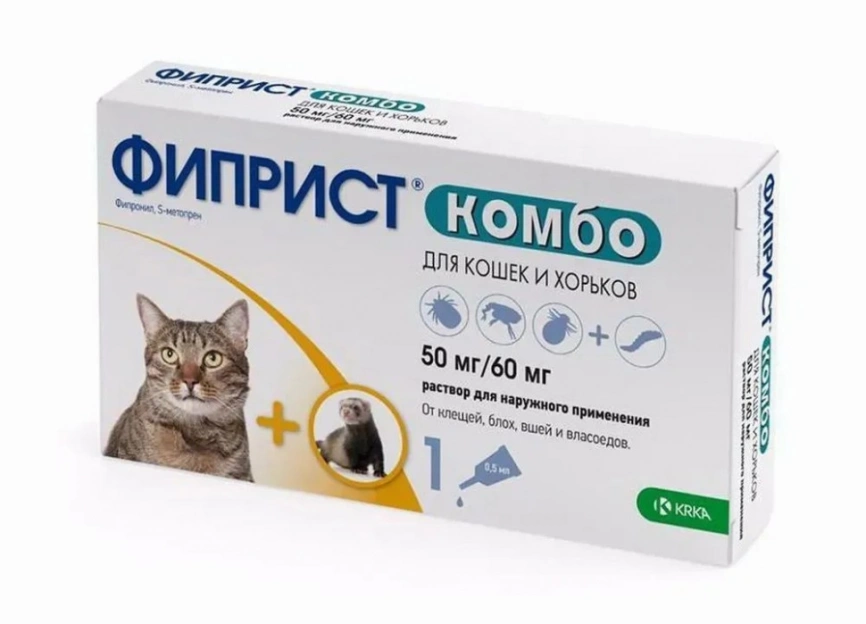 Капли KRKA Фиприст Комбо для кошек и хорьков от клещей, блох, вшей и власоедов, 1 пипетка фото 1