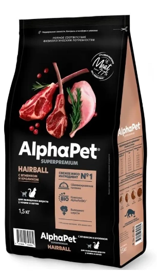 Корм AlphaPet Superpremium для выведения шерсти у кошек с ягненком и кроликом 1,5 кг фото 1