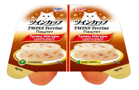 Корм Inaba Ciao Twins Terrine для кошек паштет тунец Магуро и куриное филе со вкусом кацуобуси 70 г фото 1