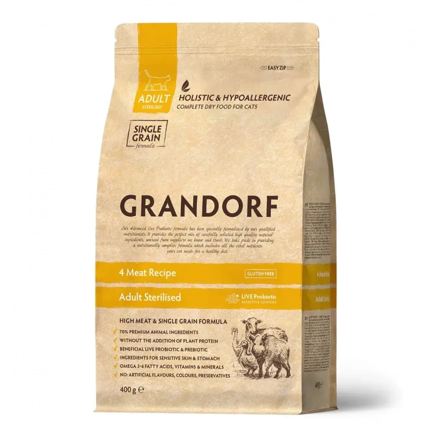 Корм Grandorf Holistic & Hypoallergenic для стерилизованных кошек с четырьмя видами мяса 400 г фото 1