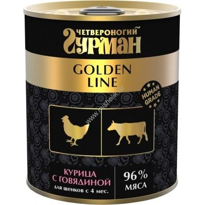 Корм Четвероногий Гурман Голден для щенков Курица с говядиной в желе ж/б 340 г фото 1