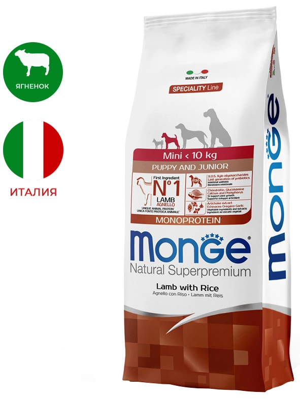Корм Monge Dog Monoprotein Mini Puppy для щенков и беременных собак c ягненком и рисом 2,5 кг фото 1
