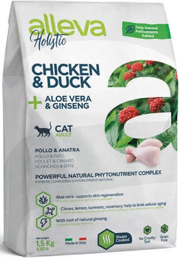 Корм Alleva Holistic Cat Adult Chicken, Duck для кошек с курицей, уткой, алое вера, женьшенем 1,5 кг фото 1