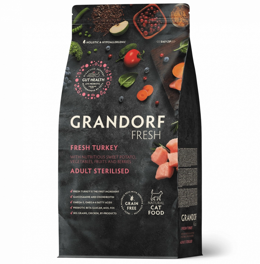 Корм Grandorf Fresh для стерилизованных кошек беззерновой с лососем и бататом 400 г фото 1