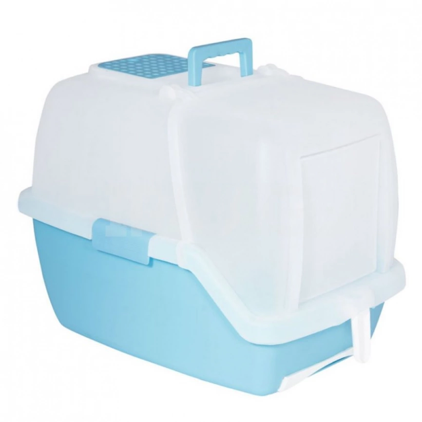 Туалет Triol Hygiene "Гранд" для кошек закрытый с выдвидным поддоном, белый с голубым 55*40*42 см фото 1