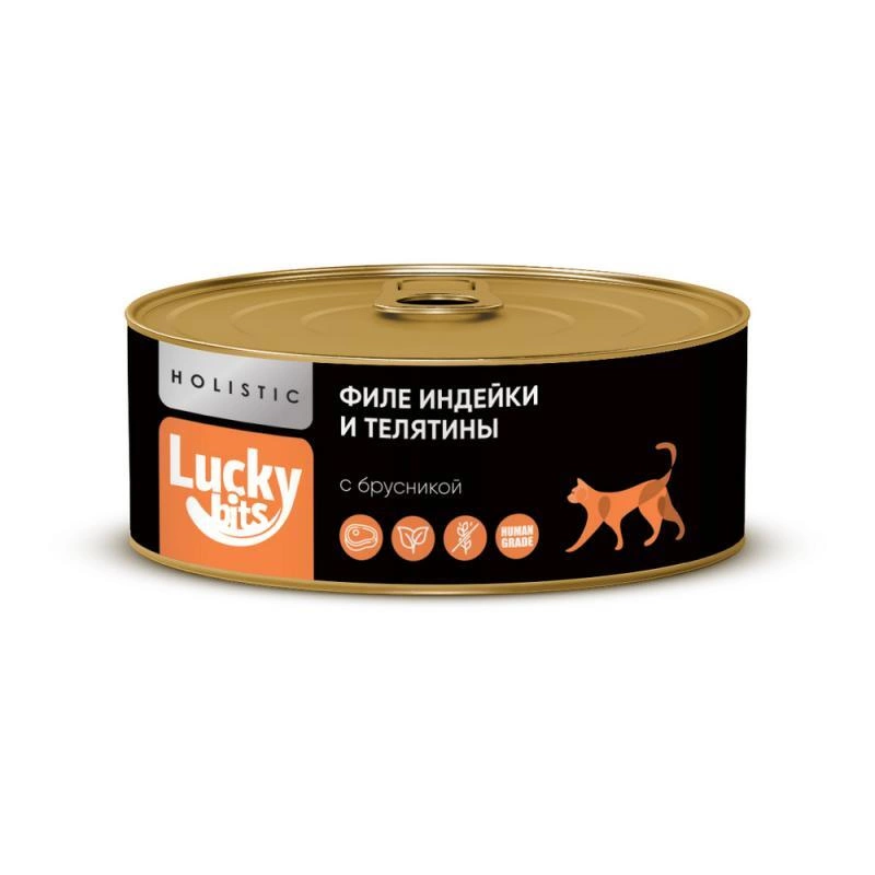 Консервы Lucky bits для кошек, филе телятины и индейки с брусникой 100 г фото 1