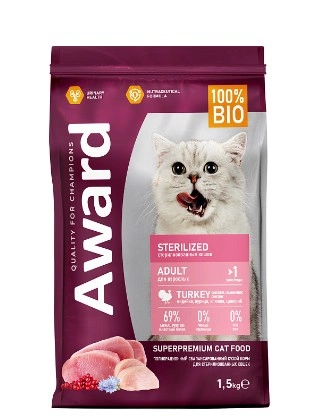 Корм Award Sterilised для кошек с индейкой и курицей с добавлением клюквы и цикория 1,5 кг фото 1