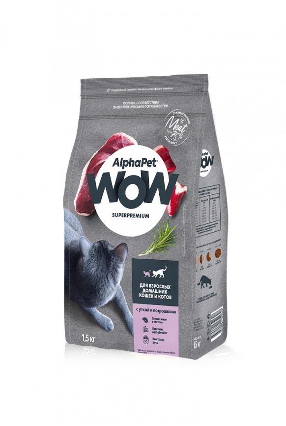 Корм AlphaPet WOW с уткой и потрошками для домашних кошек 1,5 кг фото 1