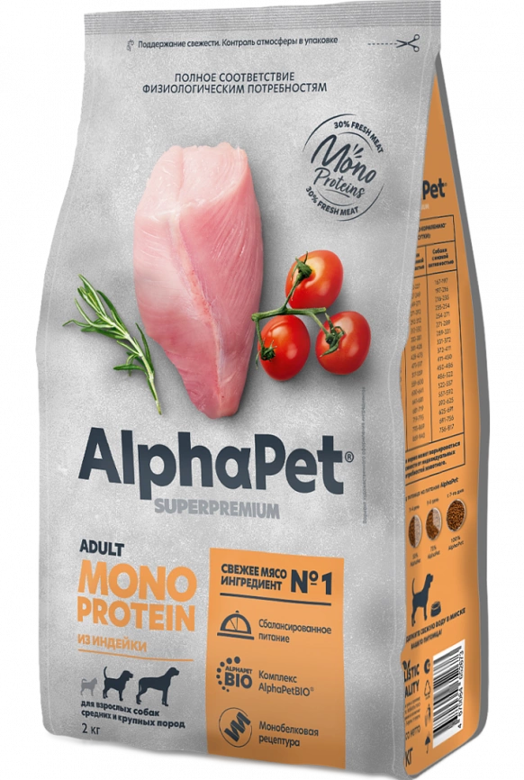 Корм AlphaPet Superpremium Monoprotein с индейкой для взрослых собак средних и крупных пород 2 кг фото 1