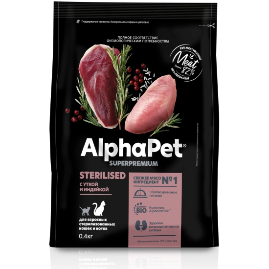 Корм AlphaPet Superpremium с уткой и индейкой для стерилизованных кошек 400 г фото 1