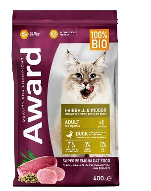 Корм Award Hairball Indoor для кошек вывеления шерсти с уткой и индейкой(чечевица и Юкки) 1.5кг фото 1