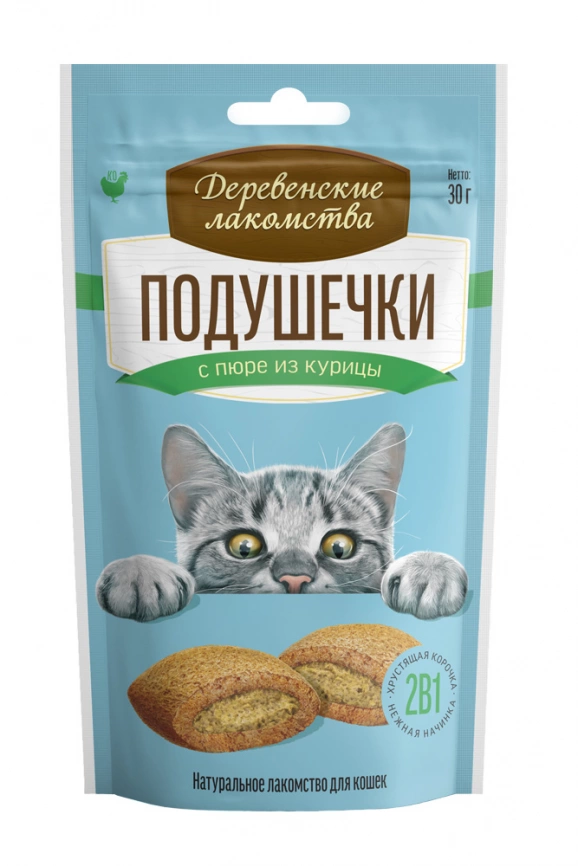 Лакомство Деревенские лакомства для кошек Подушечки с пюре из курицы, 30 г фото 2