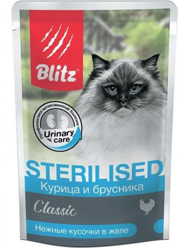 Корм Blitz Classic Sterilised для стерилизованных кошек с курицей и брусникой в желе 85 г фото 1