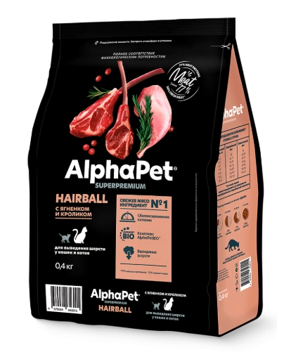 Корм AlphaPet Superpremium для выведения шерсти у кошек с ягненком и кроликом 400 г фото 1