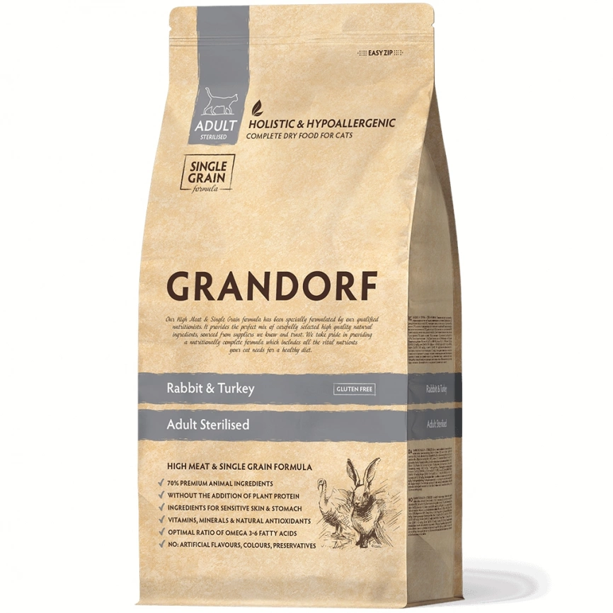 Корм Grandorf Hypoallergenic для стерилизованных и пожилых кошек с кроликом и индейкой 2 кг фото 2