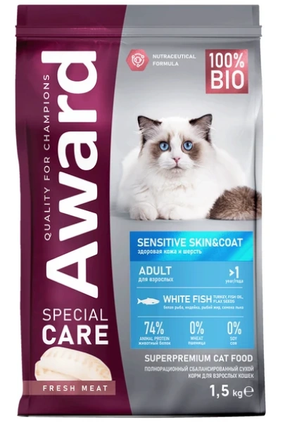 Корм Award Special Care Sensitive Skin&Coat для кошек,с белой рыбой 1,5кг фото 1