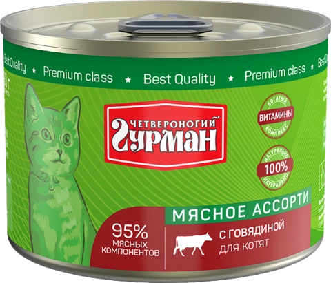 Корм Четвероногий гурман для котят мясное ассорти с говядиной 190 г ж/б фото 2