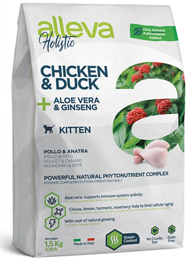 Корм Alleva Holistic Kitten Chicken, Duck для котят с курицей, уткой, алое вера и женьшенем 1,5 кг фото 1