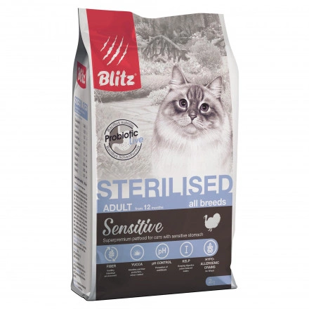Корм Blitz Sensitive Sterilised для стерилизованных кошек с индейкой 2 кг фото 2