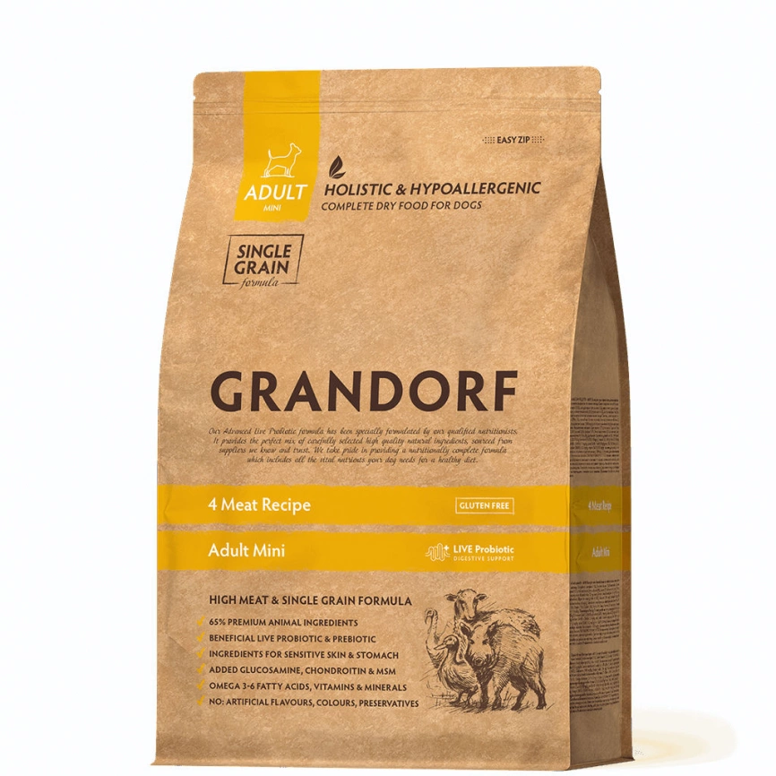 Корм Grandorf Holistic & Hypoallergenic для собак мелких пород с прибиотиками, 4 вида мяса, 1 кг фото 2