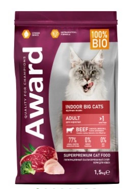 Корм Award Indoor Big Cats для взрослых кошек с говядиной и курицей (брокколи и Юкки) 1,5 кг фото 1