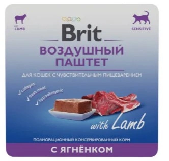 Корм Brit Premium Воздушный паштет для кошек с чувствительным пищеварением, с ягненком, 100 г фото 1