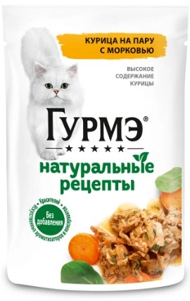 Корм Гурмэ "Натуральные рецепты" для кошек, курица на пару с морковью 75 г фото 1
