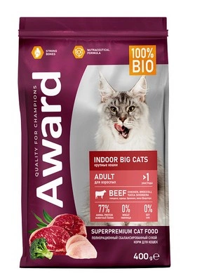 Корм Award Indoor Big Cats для взрослых кошек с говядиной и курицей (брокколи и Юкки) 400 г фото 2