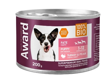 Корм Award Puppy для щенков всех пород паштет из индейки с грушей 200 г фото 1