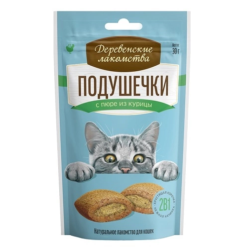Лакомство Деревенские лакомства для кошек Подушечки с пюре из курицы, 30 г фото 1
