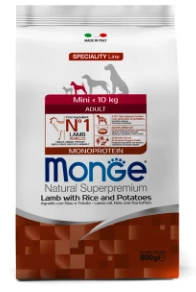 Корм Monge Dog Monoprotein Mini для взрослых собак мелких пород из ягненка с рисом 800 г фото 1