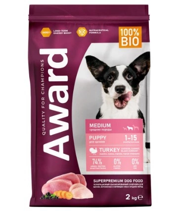 Корм Award Puppy для щенков средних пород с индейкой и курицей, морковь, смородина 2 кг фото 2