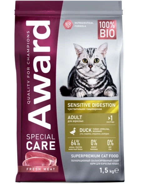 Корм Award Special Care Sensitive Digestion для кошек,с уткой 1,5кг фото 1