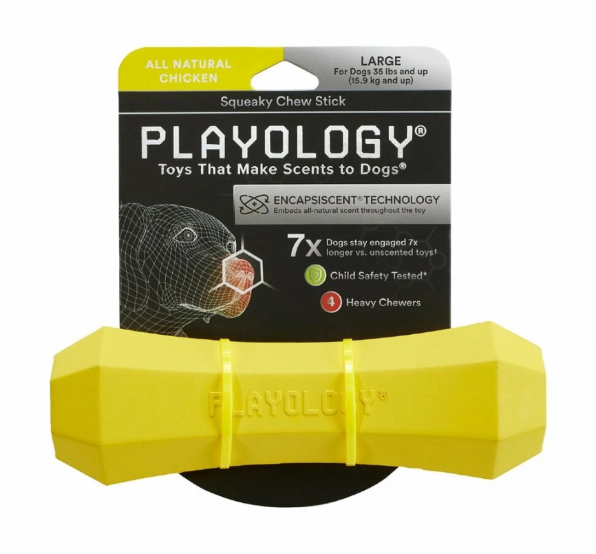 Игрушка Playology Squeaky Chew Stick для собак палочка средних пород, с ароматом курицы, цвет желтый фото 2