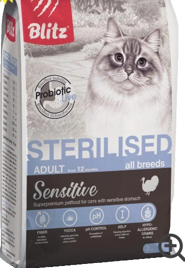 Корм Blitz Sensitive Sterilised для стерилизованных кошек с индейкой 2 кг фото 1