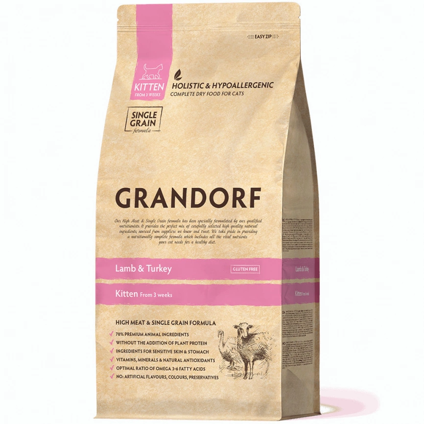 Корм Grandorf Holistic & Hypoallergenic Kitten для котят с ягнёнком и индейкой, 400 г фото 2