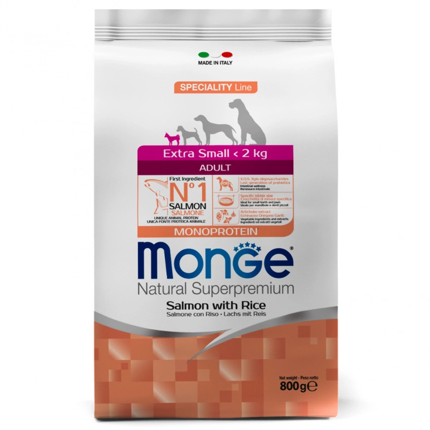 Корм Monge Dog Extra Small для взрослых собак миниатюрных пород из лосося с рисом 800 г фото 1