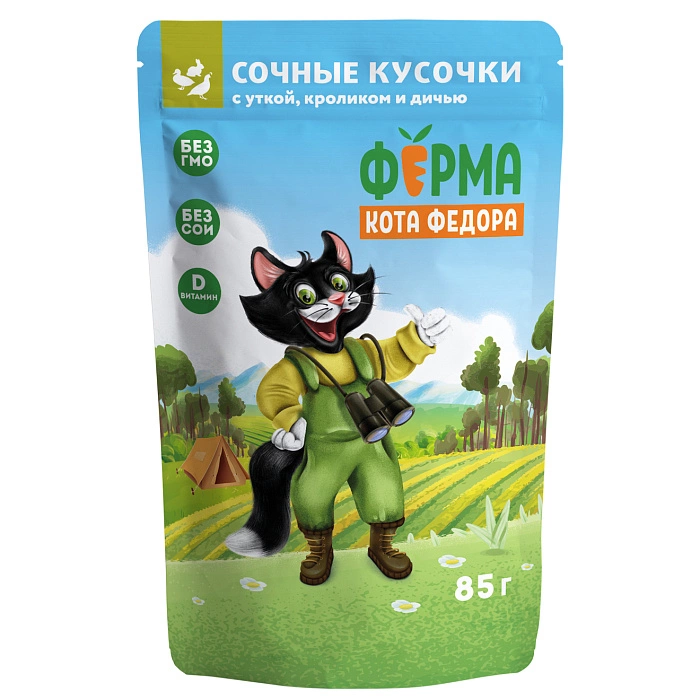 Корм Мнямс для кошек Ферма кота Федора нежные кусочки с уткой, кроликом и дичью 85 г фото 1