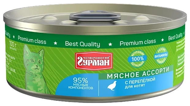 Корм Четвероногий гурман для котят мясное ассорти с перепелкой 100 г ж/б фото 1