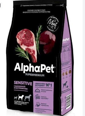 Корм AlphaPet Superpremium Sensitive для собак средних пород с бараниной и потрошками 12 кг фото 1