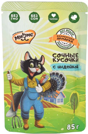 Корм Мнямс для кошек Фермерская ярмарка сочные кусочки с индейкой 85 г фото 1